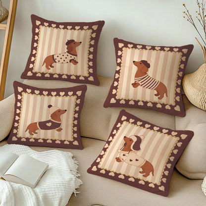 MEMNUN 4pcs Vintage Brown Striped Dachshund Print Pillow Covers [Without Pillow Insert] 40*40cm/45*45cm/50*50cm [Single-Sided Printing] Made Of Polyester Material Heart-Shaped Lace Beret Puppy Pet Lov