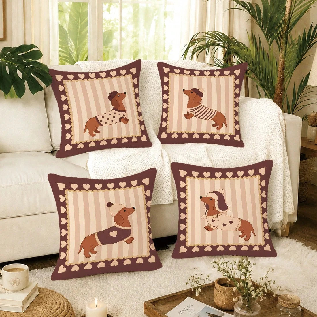MEMNUN 4pcs Vintage Brown Striped Dachshund Print Pillow Covers [Without Pillow Insert] 40*40cm/45*45cm/50*50cm [Single-Sided Printing] Made Of Polyester Material Heart-Shaped Lace Beret Puppy Pet Lov