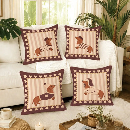 MEMNUN 4pcs Vintage Brown Striped Dachshund Print Pillow Covers [Without Pillow Insert] 40*40cm/45*45cm/50*50cm [Single-Sided Printing] Made Of Polyester Material Heart-Shaped Lace Beret Puppy Pet Lov
