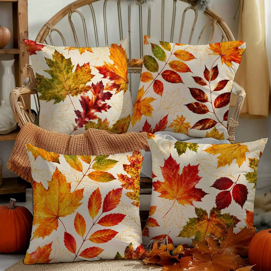 MEMNUN 4pcs Watercolor Autumn Maple Leaf Print Pillow Covers [Pillow Insert Not Included], 40*40cm/45*45cm/50*50cm, [Single-Sided Print] Made Of Polyester Material Gradient Maple Leaf Plant Decorative