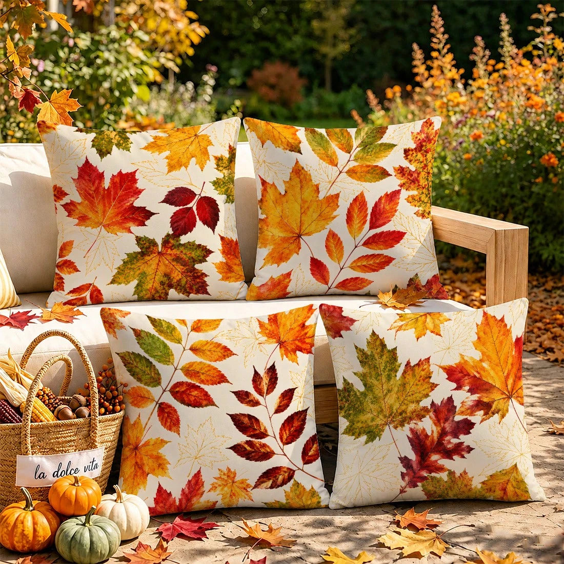 MEMNUN 4pcs Watercolor Autumn Maple Leaf Print Pillow Covers [Pillow Insert Not Included], 40*40cm/45*45cm/50*50cm, [Single-Sided Print] Made Of Polyester Material Gradient Maple Leaf Plant Decorative