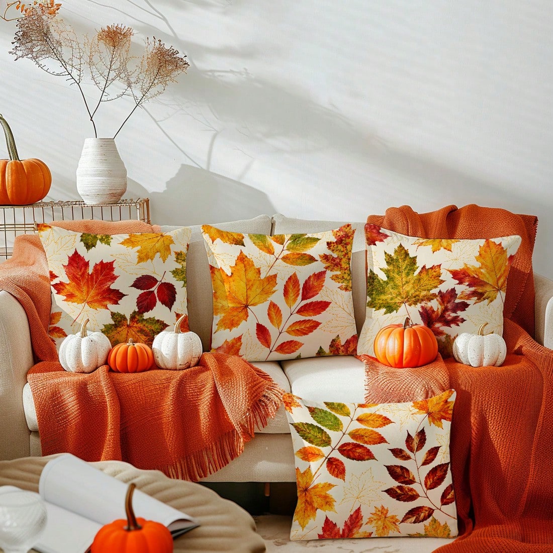MEMNUN 4pcs Watercolor Autumn Maple Leaf Print Pillow Covers [Pillow Insert Not Included], 40*40cm/45*45cm/50*50cm, [Single-Sided Print] Made Of Polyester Material Gradient Maple Leaf Plant Decorative