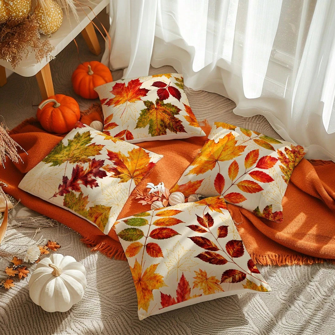 MEMNUN 4pcs Watercolor Autumn Maple Leaf Print Pillow Covers [Pillow Insert Not Included], 40*40cm/45*45cm/50*50cm, [Single-Sided Print] Made Of Polyester Material Gradient Maple Leaf Plant Decorative