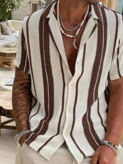 Men's Casual Colorblock Striped Short Sleeve Shirt, Comfortable Vacation Style, Resort Wear