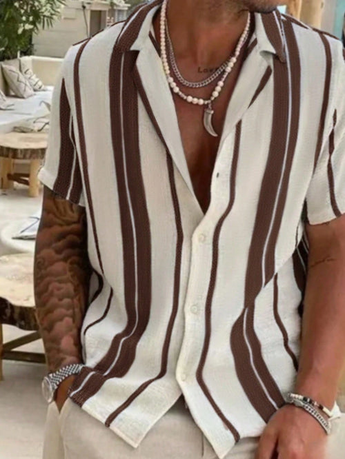 Men's Casual Colorblock Striped Short Sleeve Shirt, Comfortable Vacation Style, Resort Wear