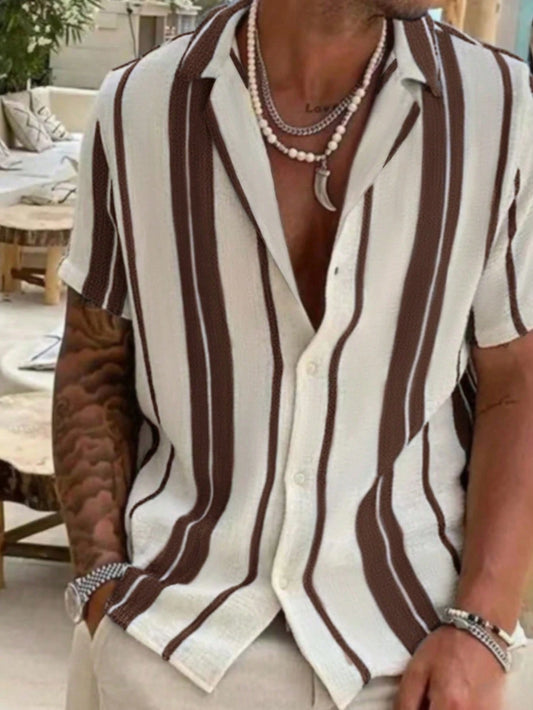 Men's Casual Colorblock Striped Short Sleeve Shirt, Comfortable Vacation Style, Resort Wear