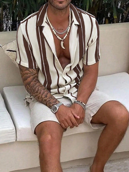 Men's Casual Colorblock Striped Short Sleeve Shirt, Comfortable Vacation Style, Resort Wear