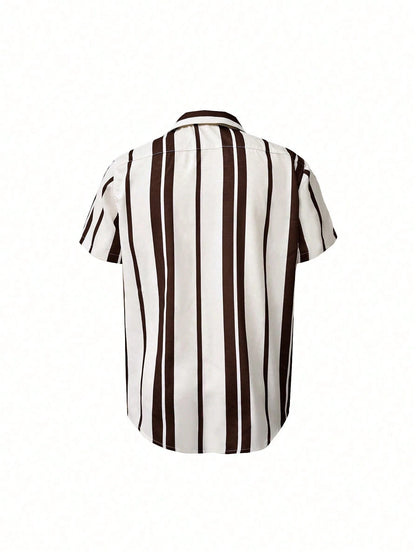 Men's Casual Colorblock Striped Short Sleeve Shirt, Comfortable Vacation Style, Resort Wear