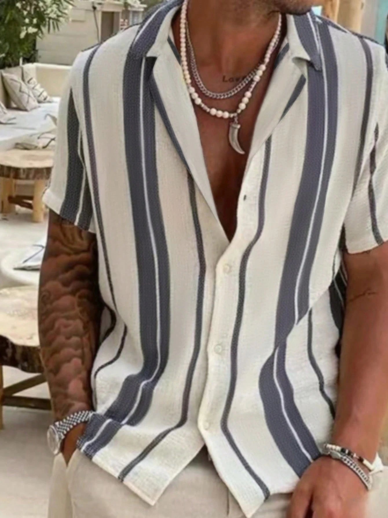 Men's Casual Colorblock Striped Short Sleeve Shirt, Comfortable Vacation Style, Resort Wear