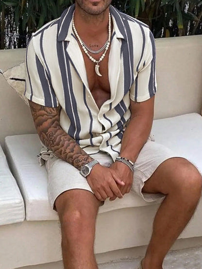 Men's Casual Colorblock Striped Short Sleeve Shirt, Comfortable Vacation Style, Resort Wear