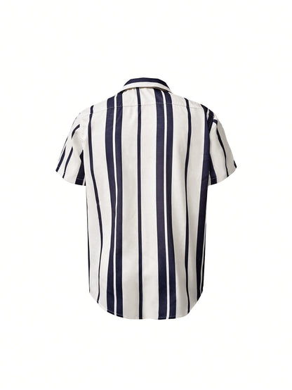 Men's Casual Colorblock Striped Short Sleeve Shirt, Comfortable Vacation Style, Resort Wear