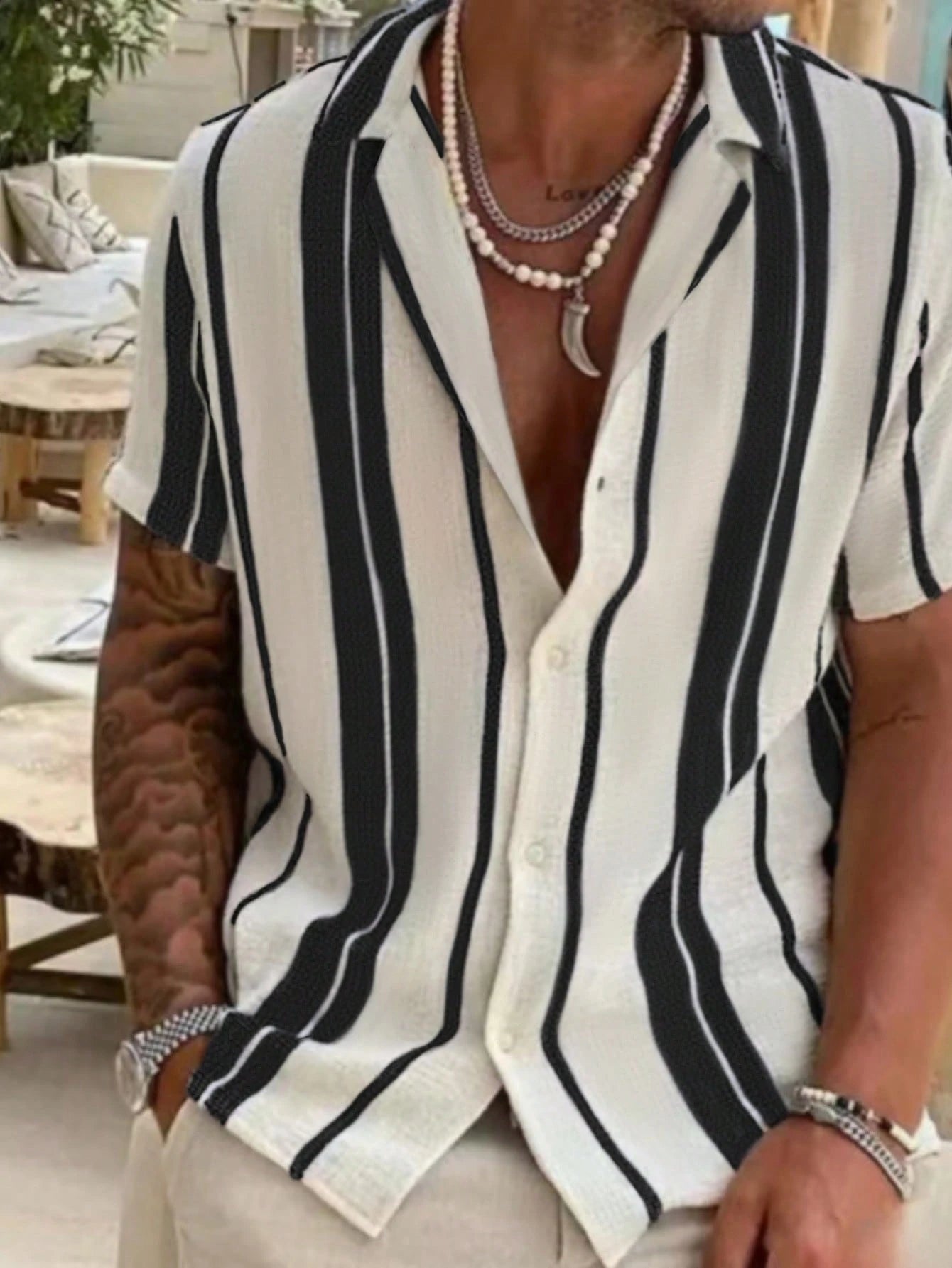 Men's Casual Colorblock Striped Short Sleeve Shirt, Comfortable Vacation Style, Resort Wear