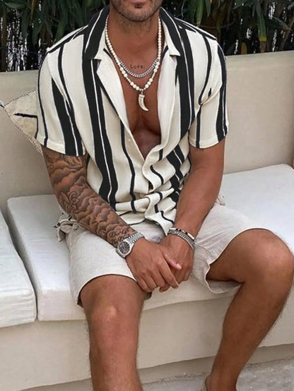 Men's Casual Colorblock Striped Short Sleeve Shirt, Comfortable Vacation Style, Resort Wear