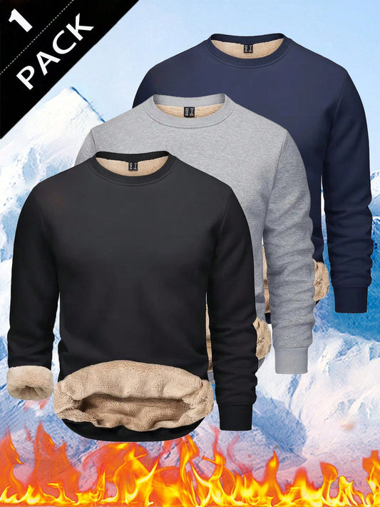 Men's Casual Thermal Lined Warm Crew Neck Sweatshirt, Autumn/Winter Black Sports