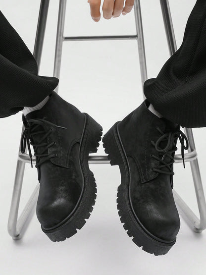 Men's Fashionable Round Toe High-Top Boots, Thick Sole, Anti-Slip, Vintage Casual Style, Ankle Boots For Plus Size Men, Suitable For Outdoor In Winter