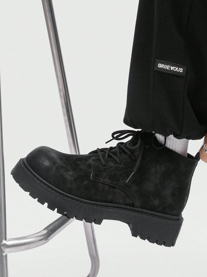Men's Fashionable Round Toe High-Top Boots, Thick Sole, Anti-Slip, Vintage Casual Style, Ankle Boots For Plus Size Men, Suitable For Outdoor In Winter