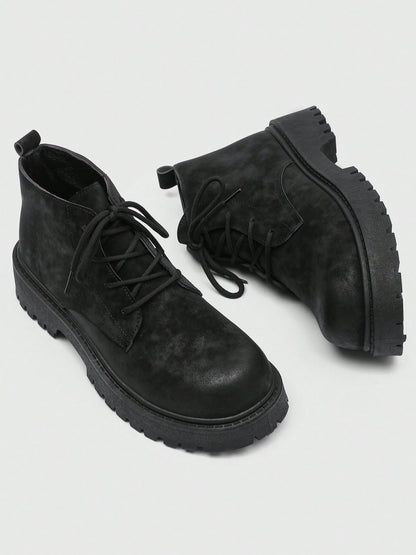Men's Fashionable Round Toe High-Top Boots, Thick Sole, Anti-Slip, Vintage Casual Style, Ankle Boots For Plus Size Men, Suitable For Outdoor In Winter