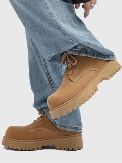 Men's Fashionable Round Toe High-Top Boots, Thick Sole, Anti-Slip, Vintage Casual Style, Ankle Boots For Plus Size Men, Suitable For Outdoor In Winter
