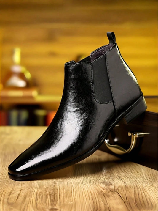 Men's Glossy Faux Leather Chelsea Boots Pointed Toe Elastic Side Panels Low Heel Pull Tab Formal Ankle Boots For Business Wedding Office Daily