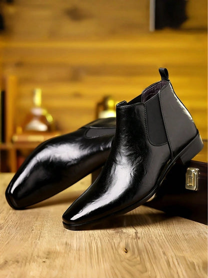 Men's Glossy Faux Leather Chelsea Boots Pointed Toe Elastic Side Panels Low Heel Pull Tab Formal Ankle Boots For Business Wedding Office Daily