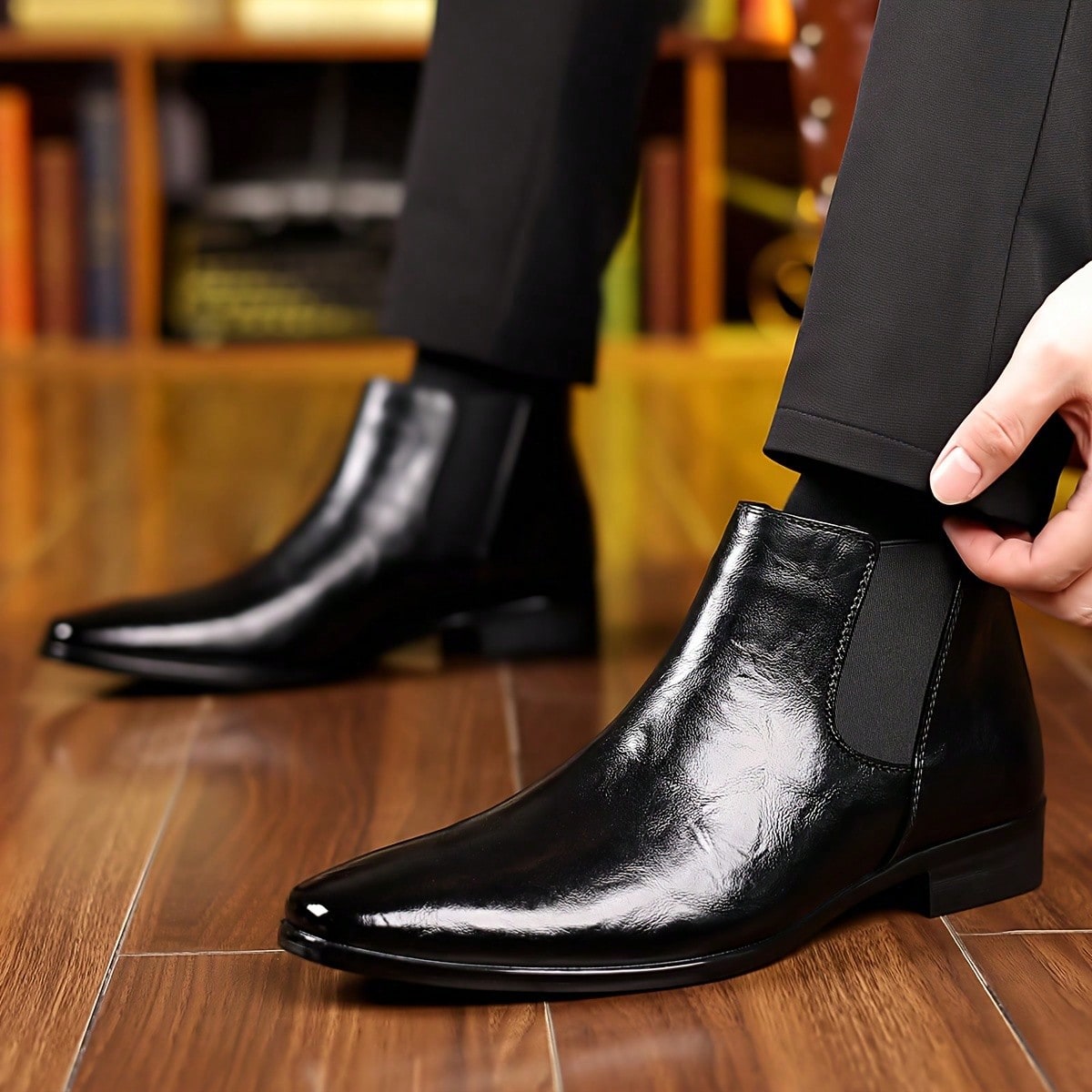 Men's Glossy Faux Leather Chelsea Boots Pointed Toe Elastic Side Panels Low Heel Pull Tab Formal Ankle Boots For Business Wedding Office Daily