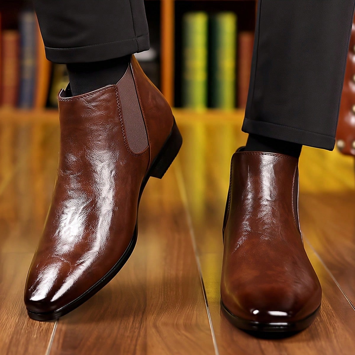 Men's Glossy Faux Leather Chelsea Boots Pointed Toe Elastic Side Panels Low Heel Pull Tab Formal Ankle Boots For Business Wedding Office Daily