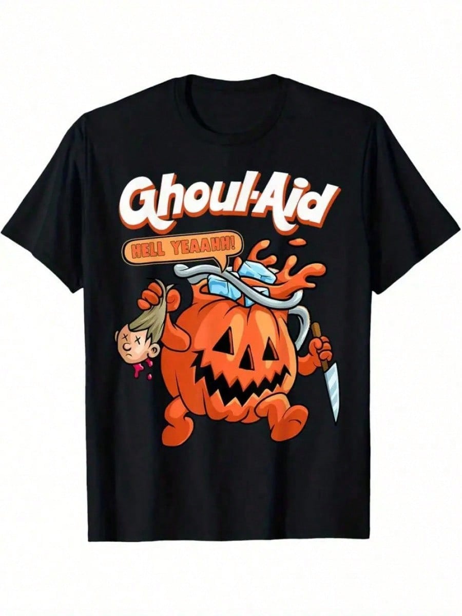 Men's Halloween Ghoul Aid Pumpkin Graphic T-Shirt- 100% Cotton Short Sleeve Cre