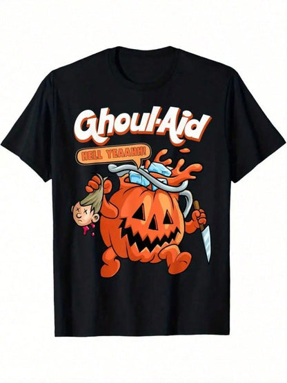 Men's Halloween Ghoul Aid Pumpkin Graphic T-Shirt- 100% Cotton Short Sleeve Cre