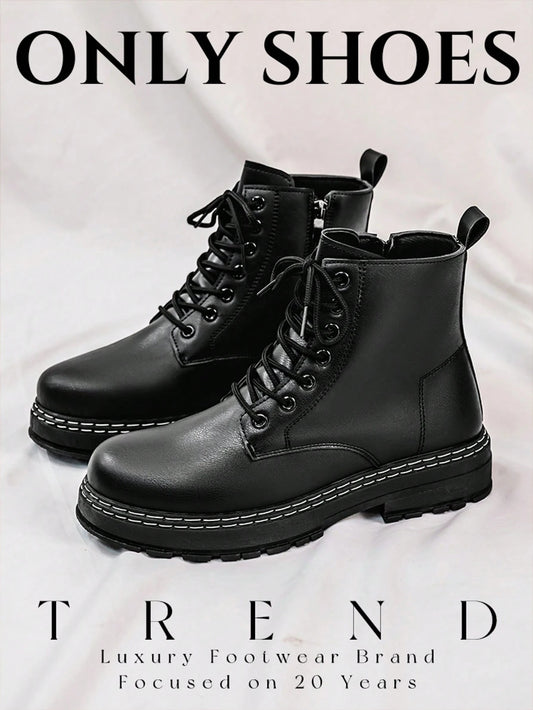 Men's High-Shine Pure Black Elevator Boots With Thick Soles Oxford And Dress Boots