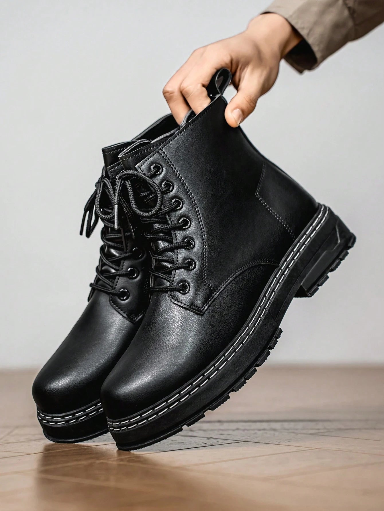 Men's High-Shine Pure Black Elevator Boots With Thick Soles Oxford And Dress Boots
