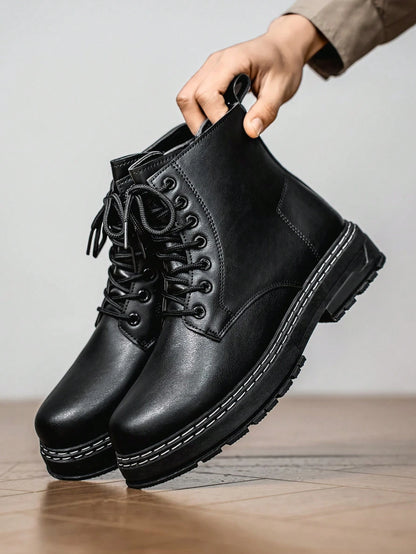 Men's High-Shine Pure Black Elevator Boots With Thick Soles Oxford And Dress Boots
