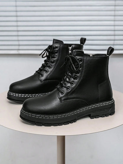 Men's High-Shine Pure Black Elevator Boots With Thick Soles Oxford And Dress Boots
