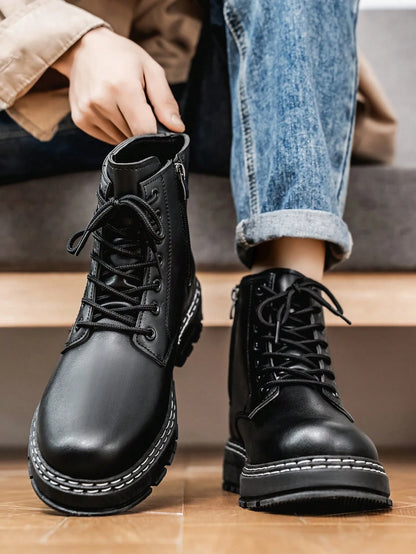 Men's High-Shine Pure Black Elevator Boots With Thick Soles Oxford And Dress Boots