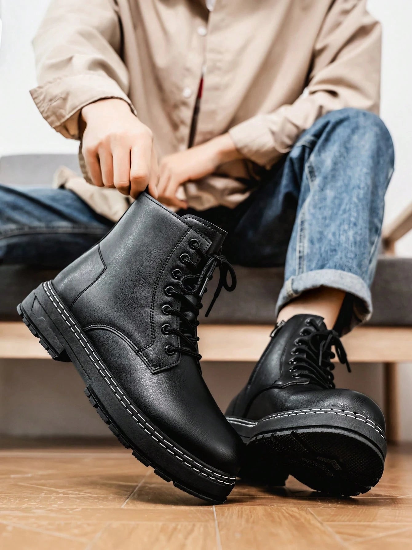Men's High-Shine Pure Black Elevator Boots With Thick Soles Oxford And Dress Boots