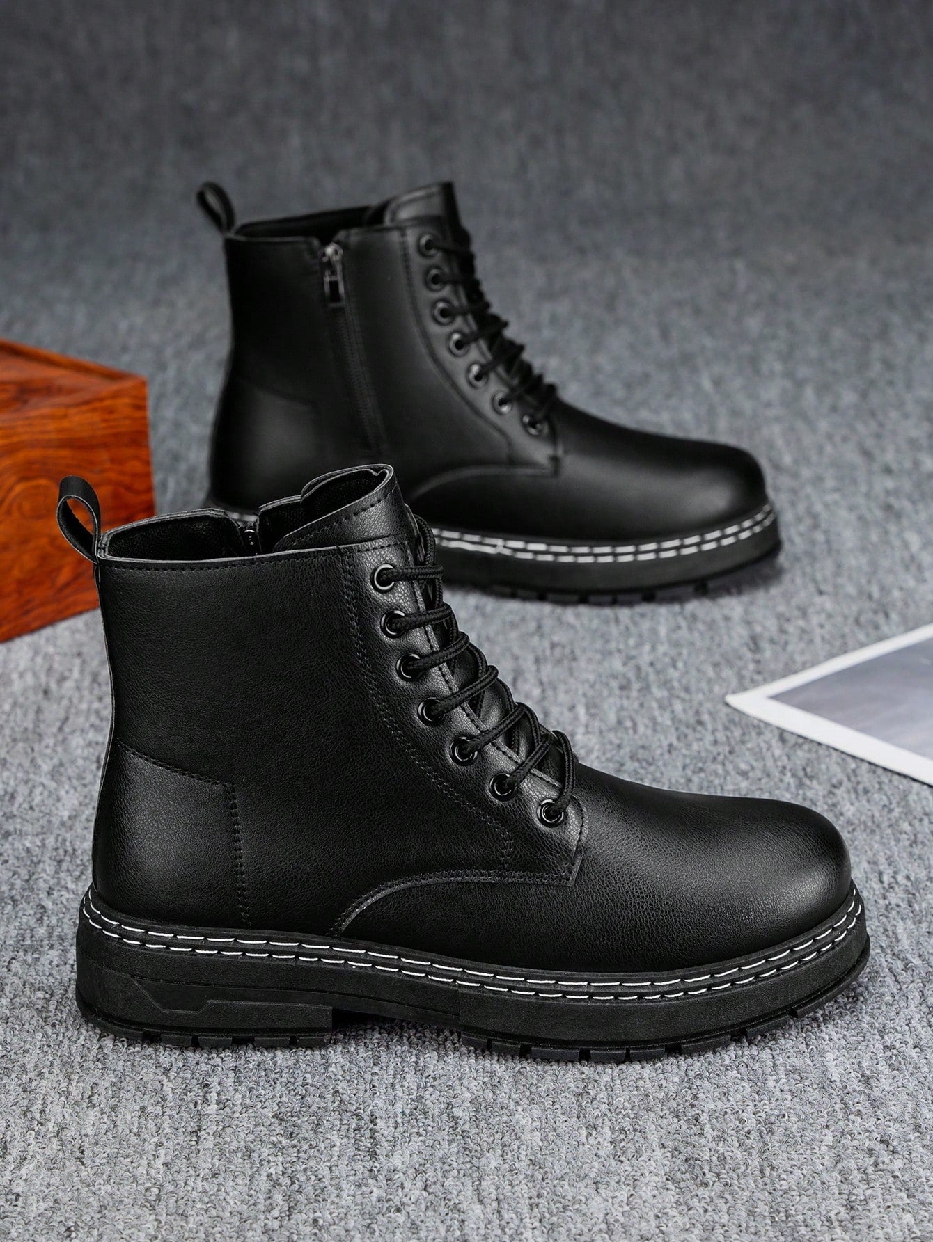 Men's High-Shine Pure Black Elevator Boots With Thick Soles Oxford And Dress Boots
