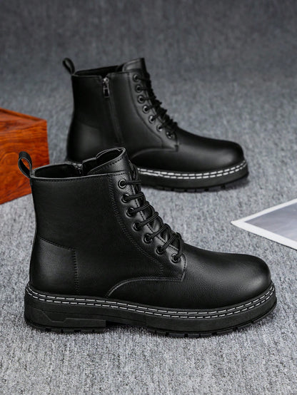 Men's High-Shine Pure Black Elevator Boots With Thick Soles Oxford And Dress Boots