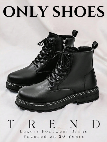 Men's High-Shine Pure Black Elevator Boots With Thick Soles Oxford And Dress Boots