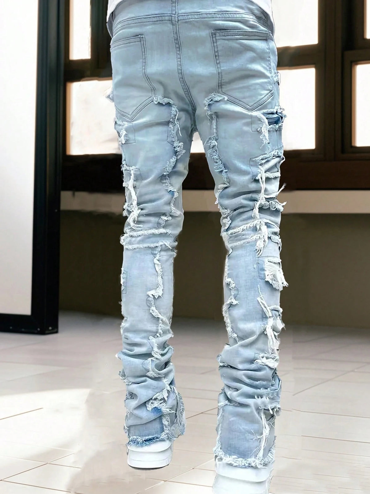Men's Plus Size Solid Black Creative Tassel Denim Pants, Emo Style