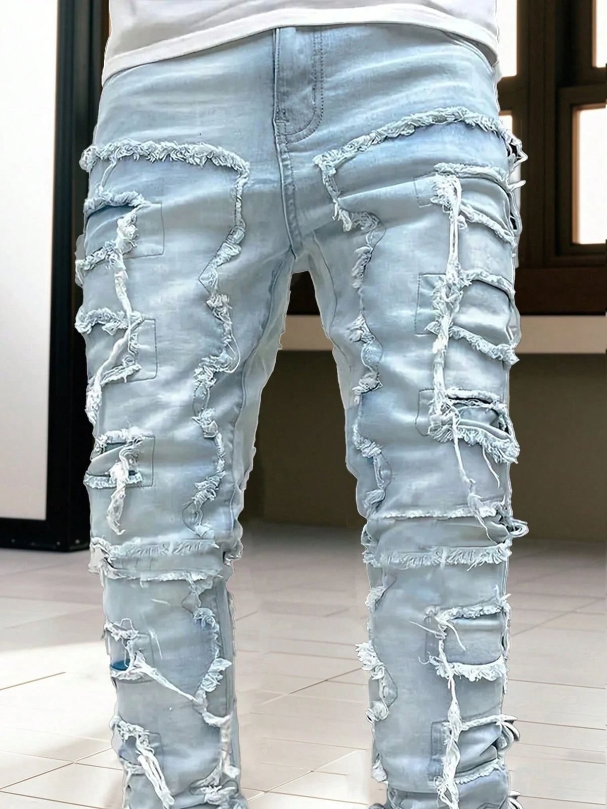 Men's Plus Size Solid Black Creative Tassel Denim Pants, Emo Style
