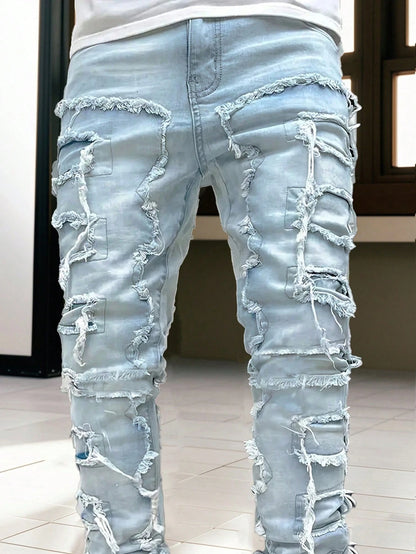 Men's Plus Size Solid Black Creative Tassel Denim Pants, Emo Style