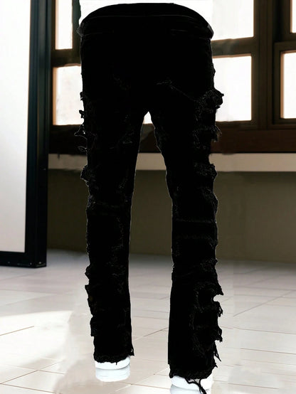 Men's Plus Size Solid Black Creative Tassel Denim Pants, Emo Style
