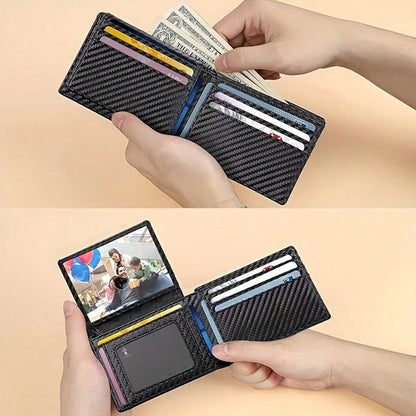 Men's Ultra-Thin RFID Leather Wallet With ID Window, Multi-Card Slot Carbon Fiber Wallet, Formal/Business Occasions, Valentine's Day Gift Recommendation