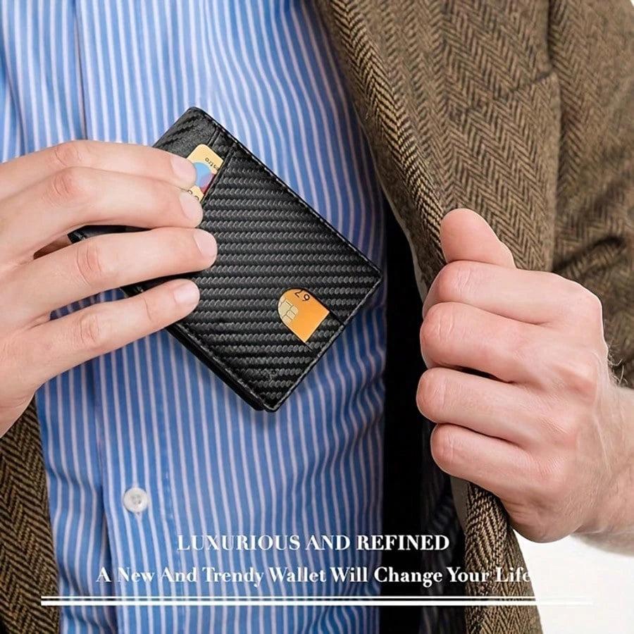 Men's Ultra-Thin RFID Leather Wallet With ID Window, Multi-Card Slot Carbon Fiber Wallet, Formal/Business Occasions, Valentine's Day Gift Recommendation