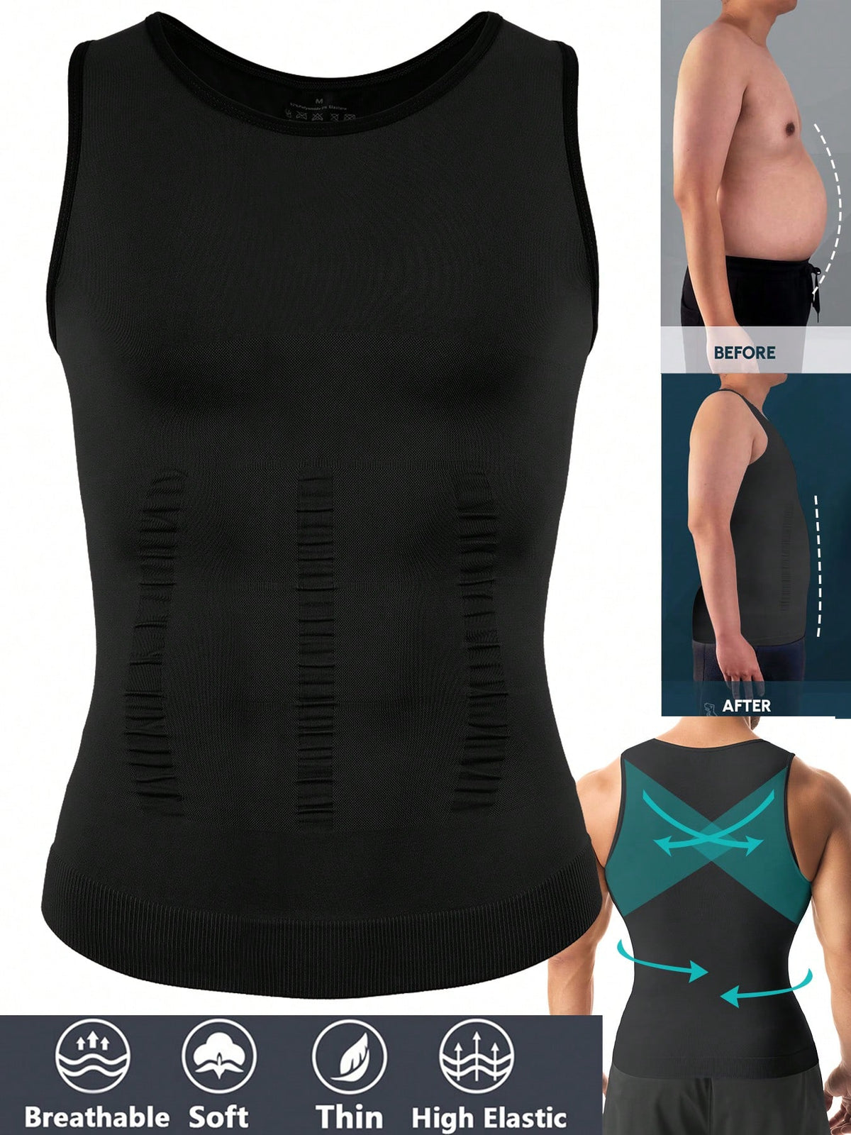 Mens Compression Shirt Shapewear Tank Top Slimming Vest Tummy Control Chest Body Shaper Undershirts Base Layer Sports Gym Fitness Workout Underwear