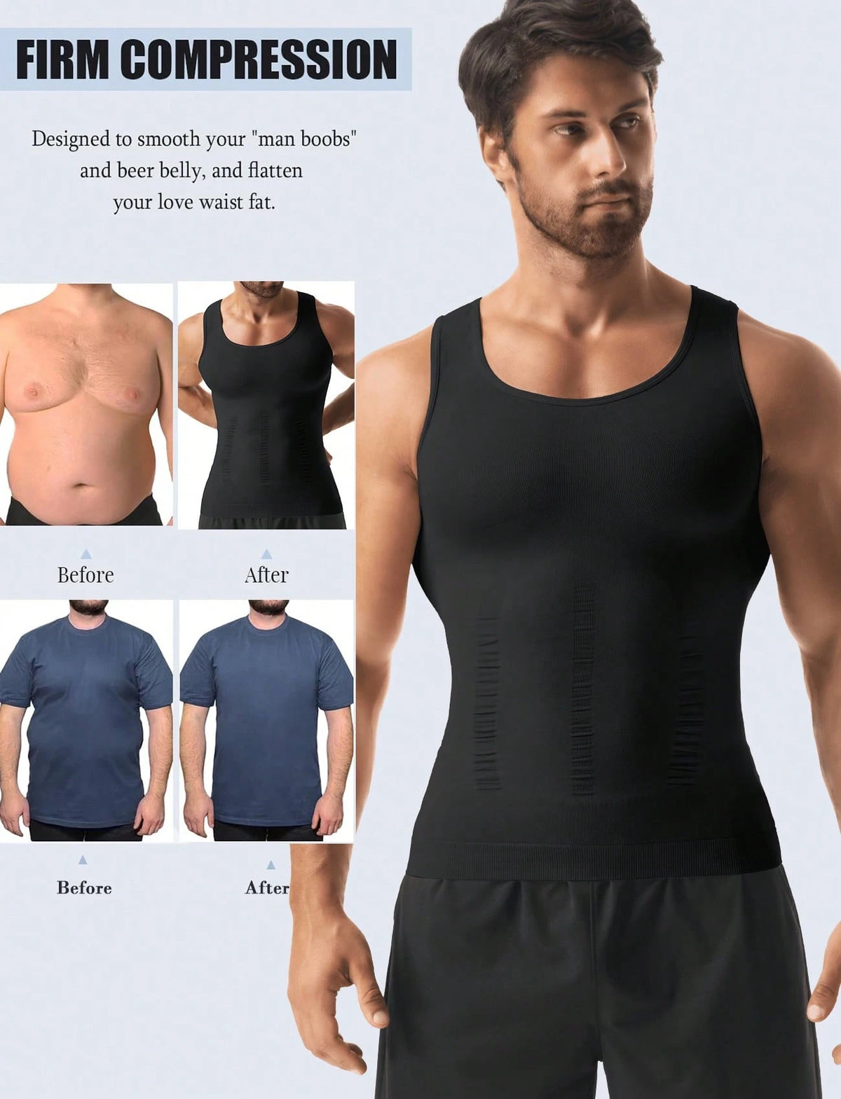 Mens Compression Shirt Shapewear Tank Top Slimming Vest Tummy Control Chest Body Shaper Undershirts Base Layer Sports Gym Fitness Workout Underwear