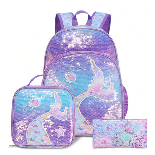 Mermaid Sequin 3-Piece Set- Purple Ombre Backpack With Lunch Bag & Pencil Case