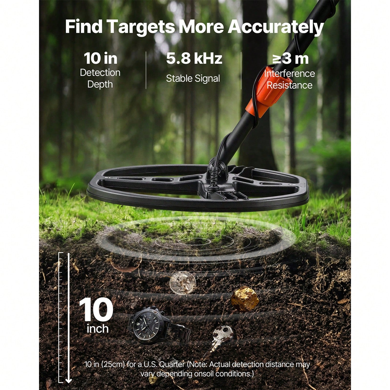 Metal Detector For Adults, 10", Professional High Accuracy Gold Detector, IP68 Waterproof Search Coil With Display, Headphones, 5 Modes, Adjustable Length, For Detecting Gold Treasure Hunting