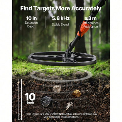 Metal Detector For Adults, 10", Professional High Accuracy Gold Detector, IP68 Waterproof Search Coil With Display, Headphones, 5 Modes, Adjustable Length, For Detecting Gold Treasure Hunting