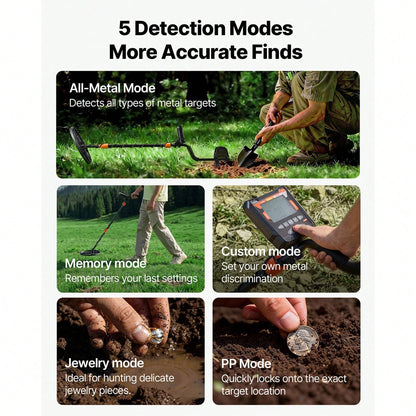 Metal Detector For Adults, 10", Professional High Accuracy Gold Detector, IP68 Waterproof Search Coil With Display, Headphones, 5 Modes, Adjustable Length, For Detecting Gold Treasure Hunting
