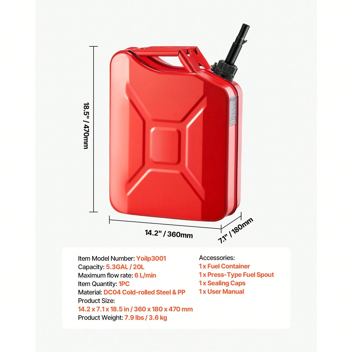Metal Fuel Container, 5.3 Gallon, Fuel Jerry Can With Spout And Comfort Handle, 6 L/Min Max Flow Rate, Leakproof & Corrosion-Resistant Metal Gas Tank Most Cars Motorcycle ATV UTV, Red